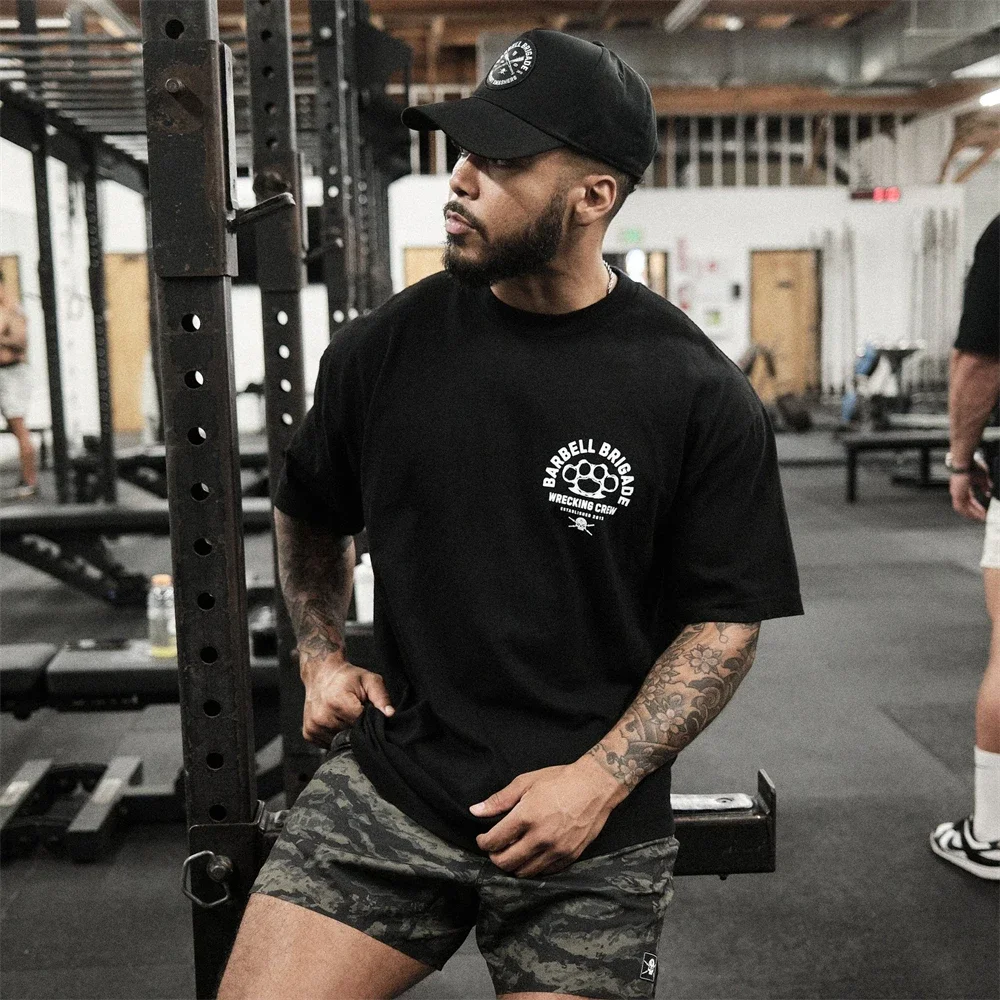 Barbell Brigade 2025 Men's Summer Gym T-Shirt Cotton Short Sleeve Bodybuilding Fitness Training Muscle Tees Fashion Sportswear