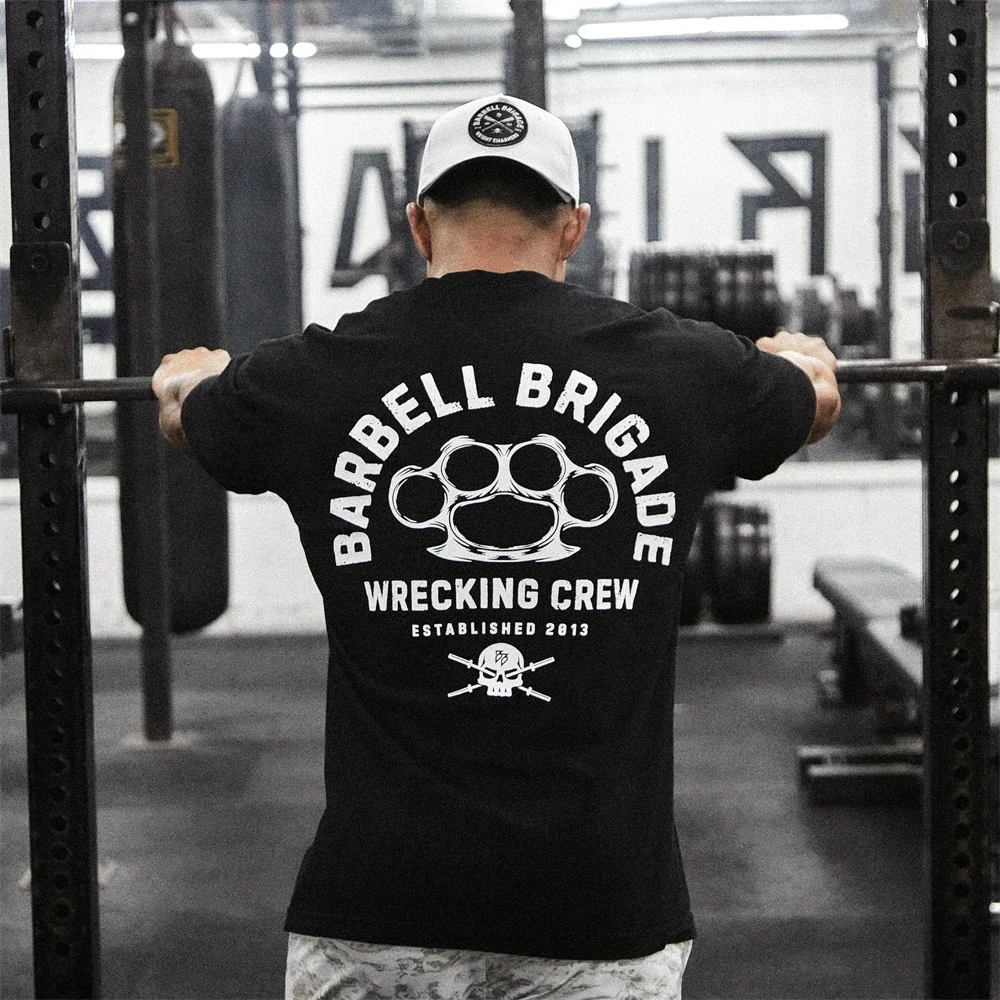 Barbell Brigade 2025 Men's Summer Gym T-Shirt Cotton Short Sleeve Bodybuilding Fitness Training Muscle Tees Fashion Sportswear