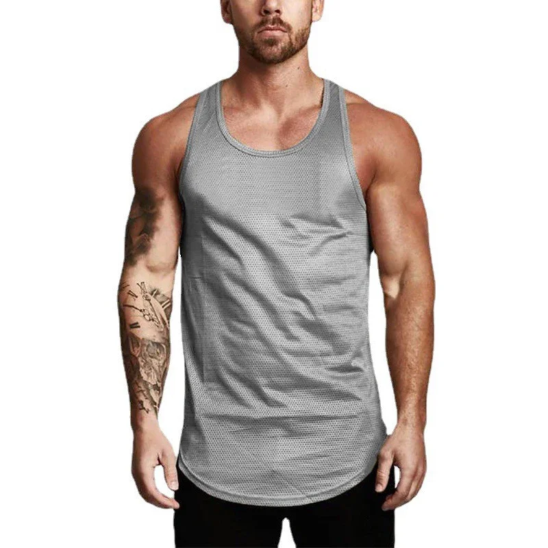 Plain Men Fitness Running Slim Fit Tank Tops Mesh Breathable Sleeveless Quick Dry Singlets Gym Bodybuilding Workout Muscle Shirt