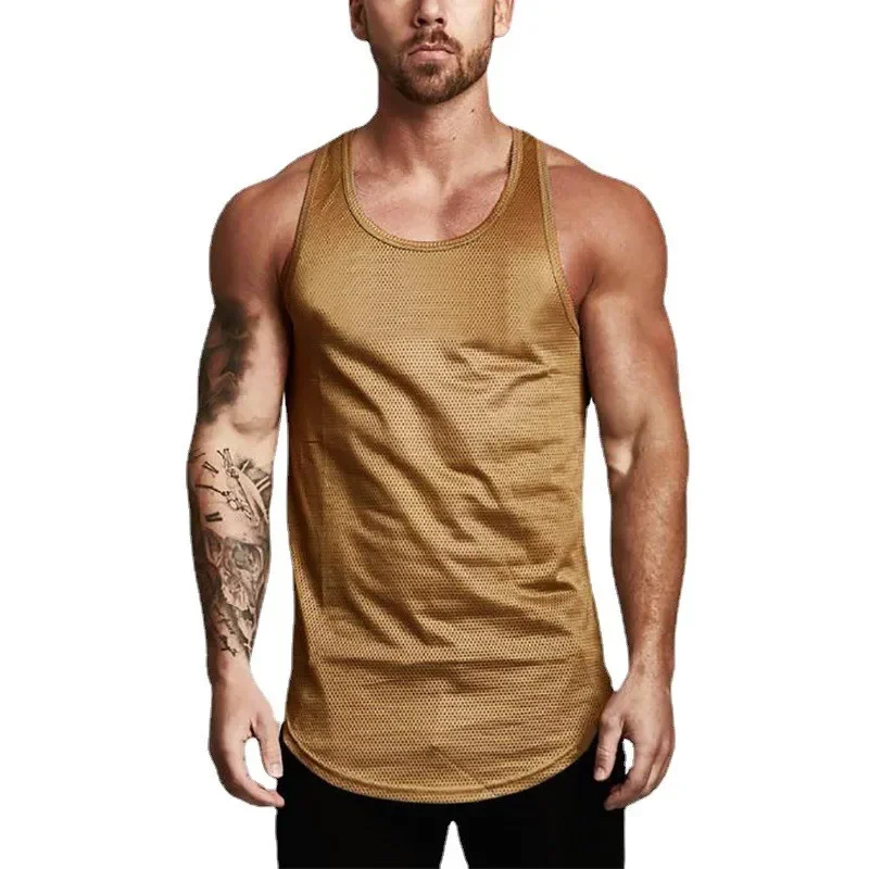 Plain Men Fitness Running Slim Fit Tank Tops Mesh Breathable Sleeveless Quick Dry Singlets Gym Bodybuilding Workout Muscle Shirt