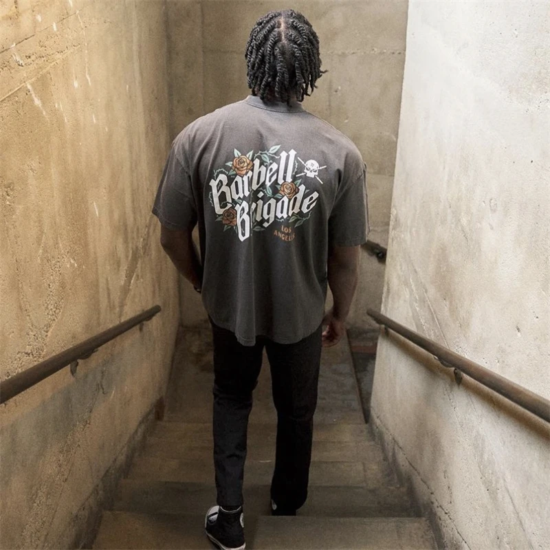 BARBELL BRIGADE Gym Fitness T-shirt Loose Oversize Cotton Men Short Sleeves Bodybuilding Sports Tee Summer Training Workout Tops