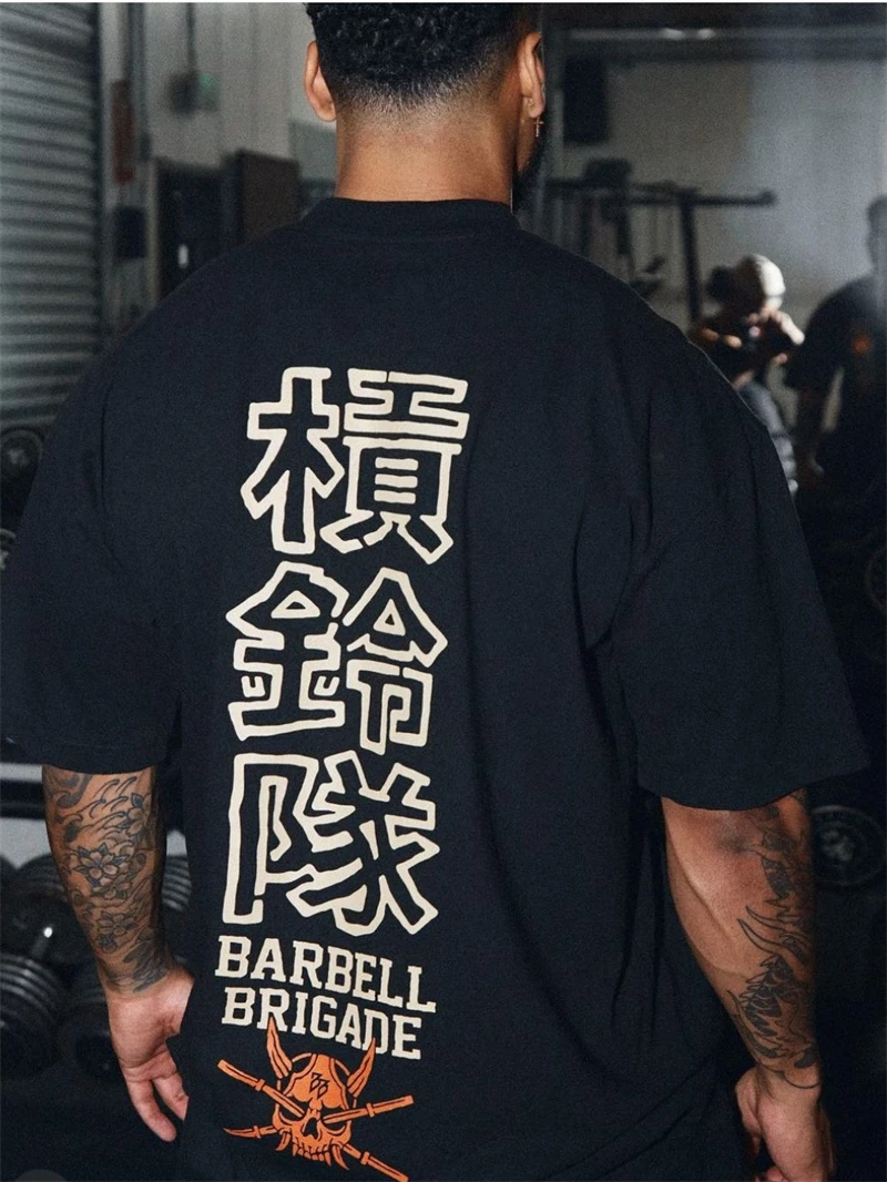 BARBELL BRIGADE Gym Fitness T-shirt Loose Oversize Cotton Men Short Sleeves Bodybuilding Sports Tee Summer Training Workout Tops