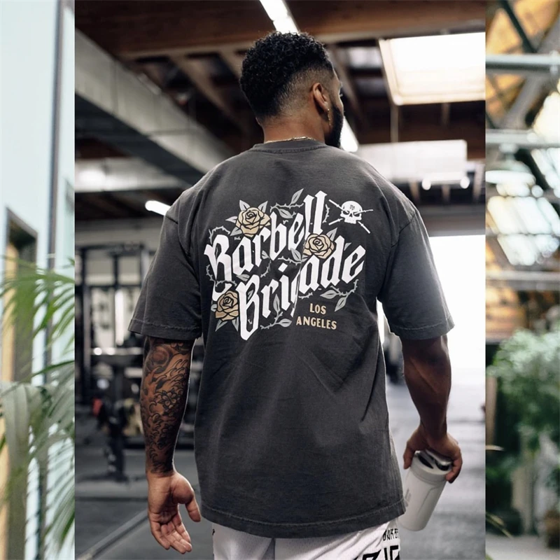 BARBELL BRIGADE Gym Fitness T-shirt Loose Oversize Cotton Men Short Sleeves Bodybuilding Sports Tee Summer Training Workout Tops