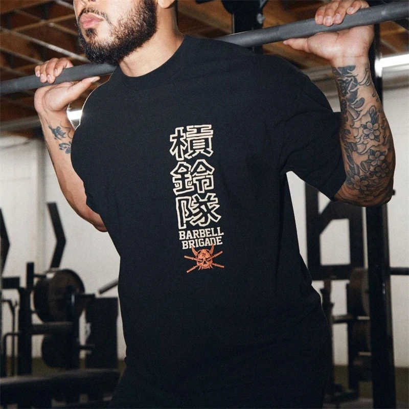 BARBELL BRIGADE Gym Fitness T-shirt Loose Oversize Cotton Men Short Sleeves Bodybuilding Sports Tee Summer Training Workout Tops