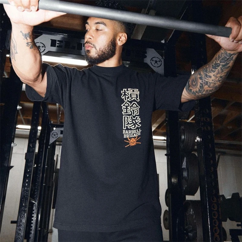 BARBELL BRIGADE Gym Fitness T-shirt Loose Oversize Cotton Men Short Sleeves Bodybuilding Sports Tee Summer Training Workout Tops
