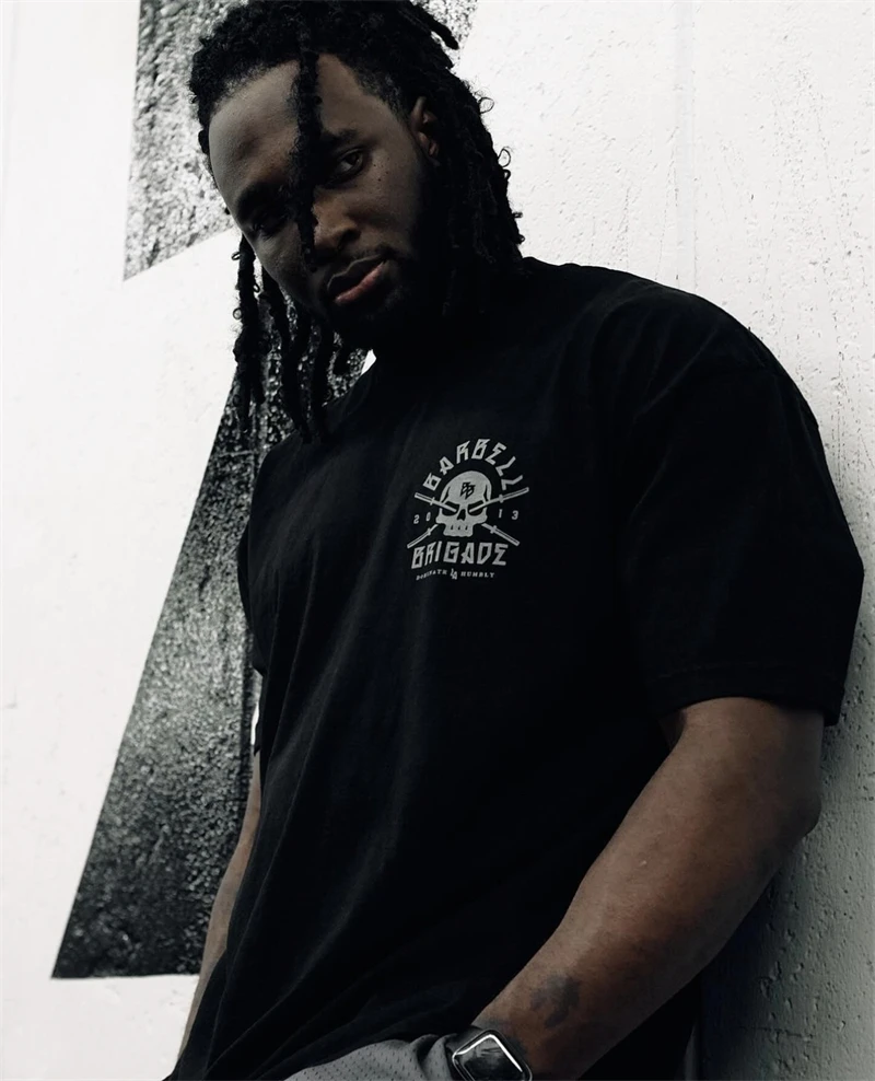 BARBELL BRIGADE Gym Fitness T-shirt Loose Oversize Cotton Men Short Sleeves Bodybuilding Sports Tee Summer Training Workout Tops