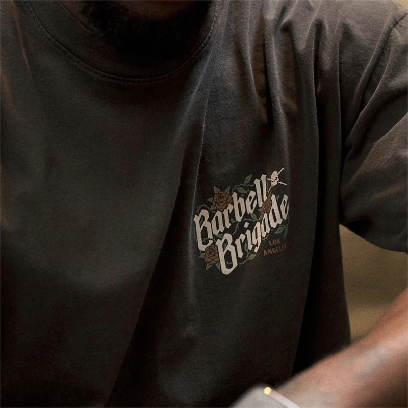 BARBELL BRIGADE Gym Fitness T-shirt Loose Oversize Cotton Men Short Sleeves Bodybuilding Sports Tee Summer Training Workout Tops