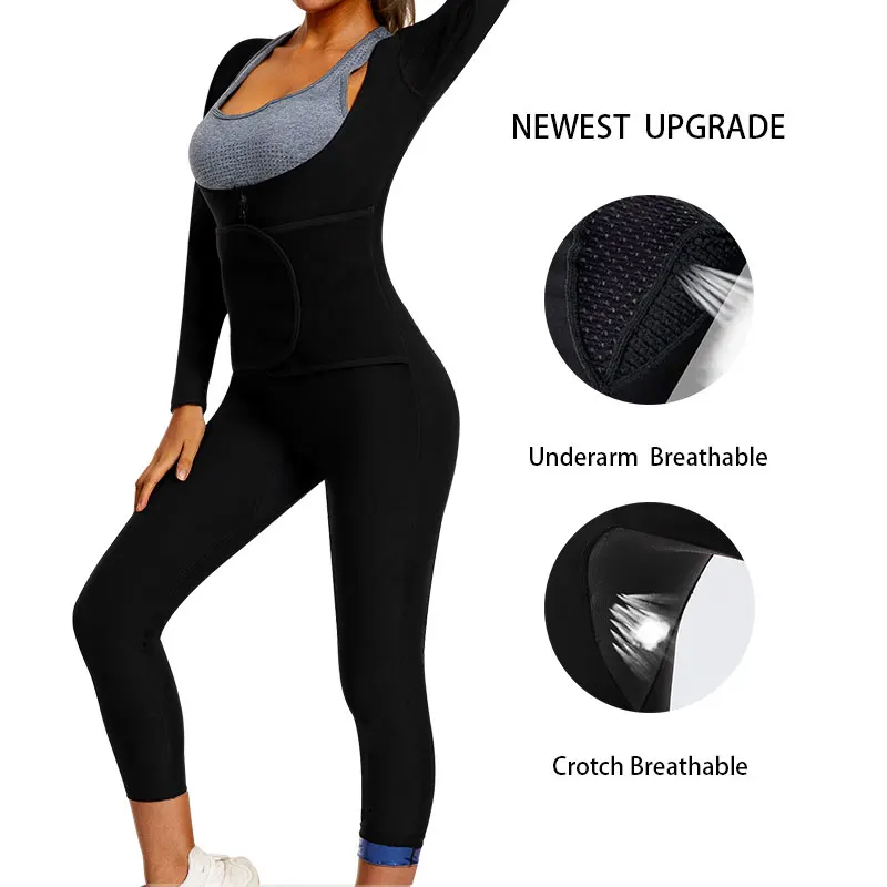 Women's Long Sleeved Pants Jumpsuit 6 In 1 Sauna Sweat Shirt Full Body Waist Trainer Weight Loss Workout Body Sauna Bodysuit