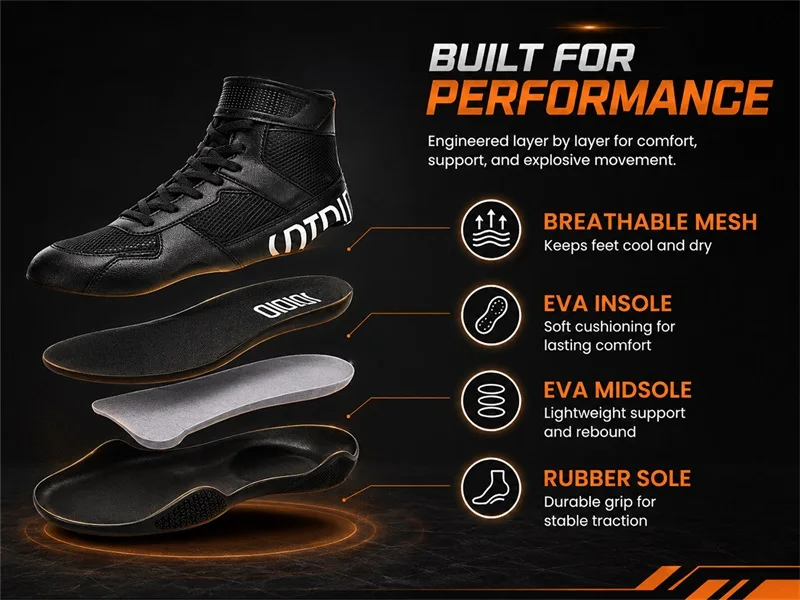 New Men's Large Wrestling Shoes Mesh Breathable Boxing Shoes Anti Slip Wear Resistant Sneaker Fashionable Casual High Sport Shoe