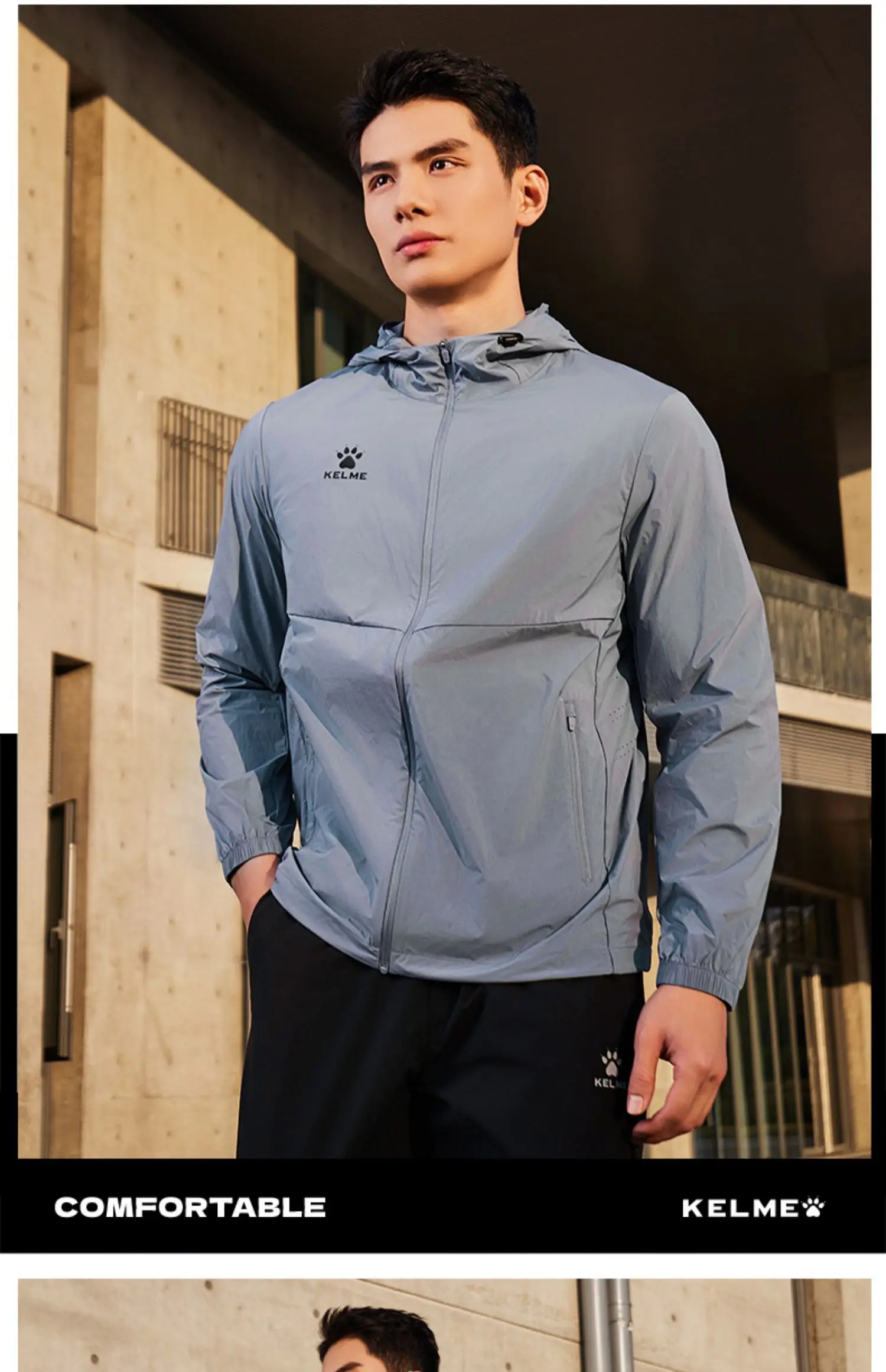 Kelme Men's Running Jacket Thin Hooded Raincoat Outdoor Running Windproof Jacket Fitness Mountaineering Windbreaker
