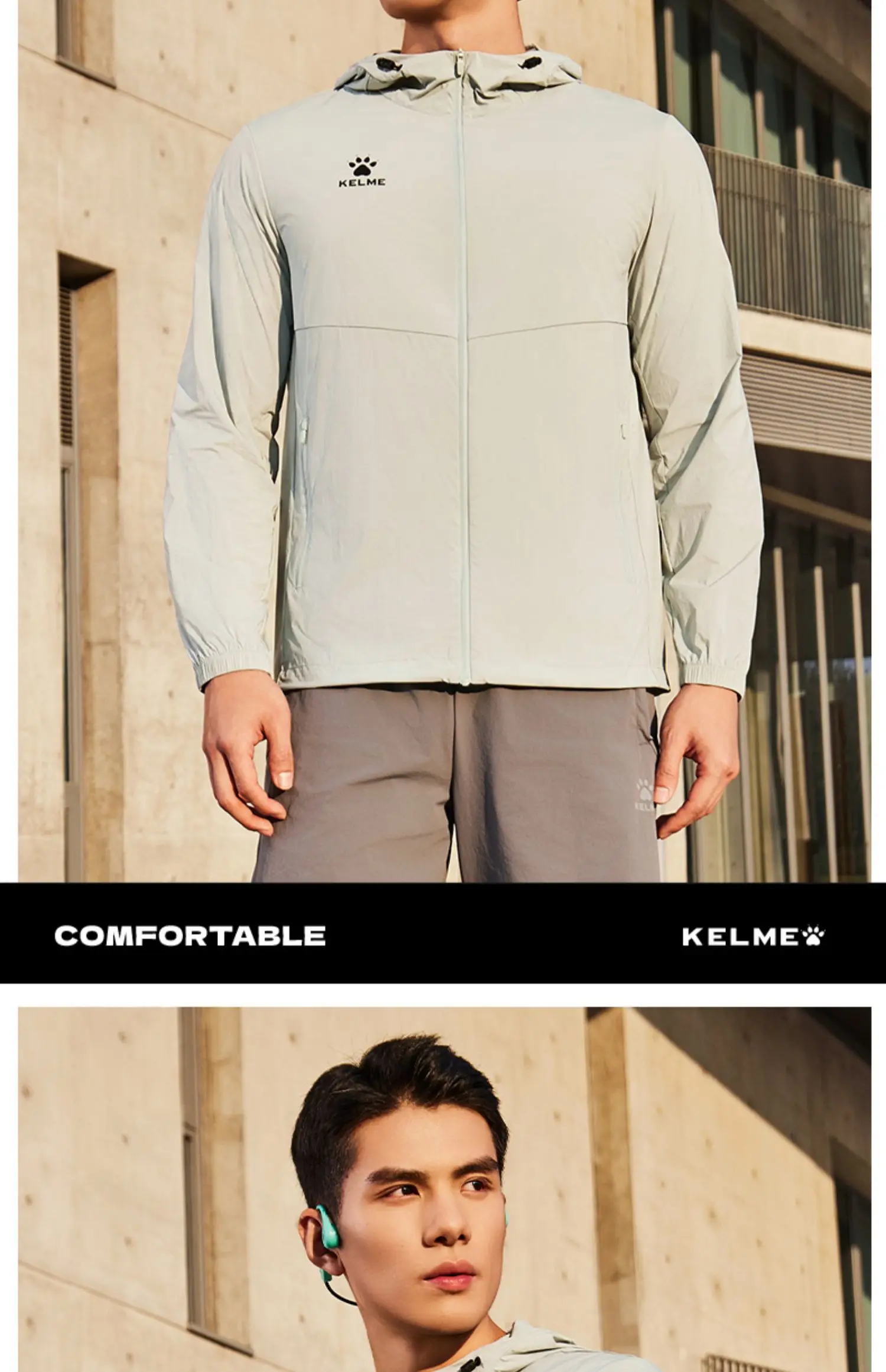 Kelme Men's Running Jacket Thin Hooded Raincoat Outdoor Running Windproof Jacket Fitness Mountaineering Windbreaker