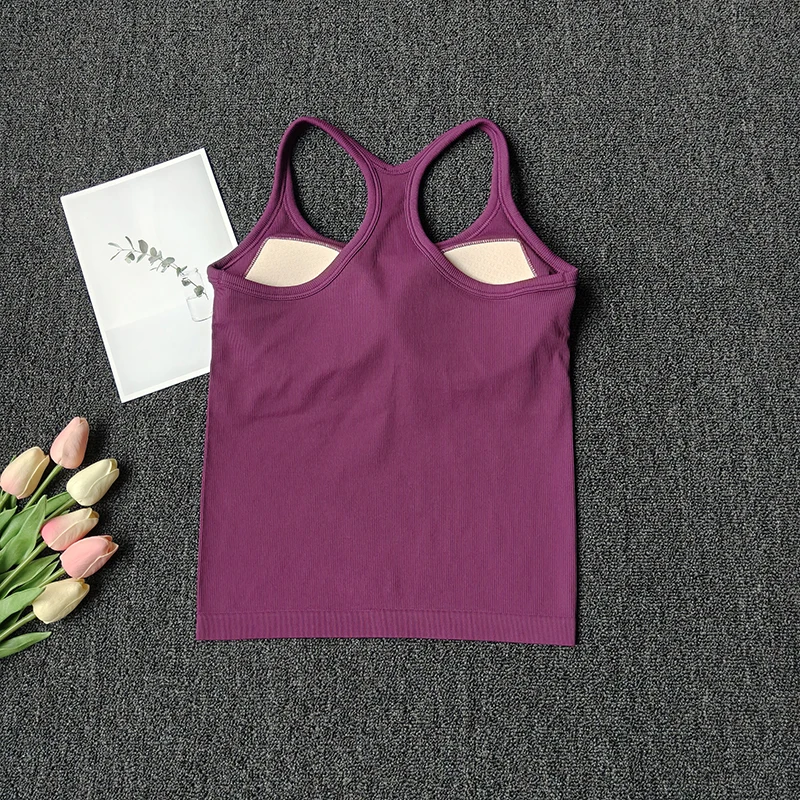 Women's SleevelessYoga Vest Ribbed Gym Tank Top Push Up Sport Vest Sports Running Fitness Vest Workout Top Padded Yoga Clothing