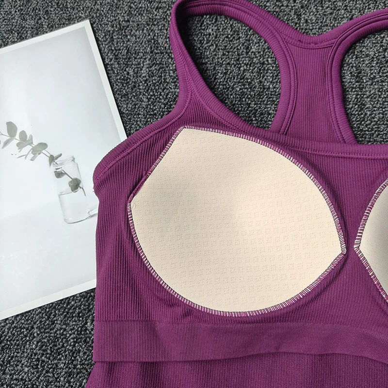 Women's SleevelessYoga Vest Ribbed Gym Tank Top Push Up Sport Vest Sports Running Fitness Vest Workout Top Padded Yoga Clothing