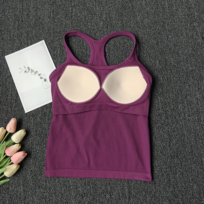 Women's SleevelessYoga Vest Ribbed Gym Tank Top Push Up Sport Vest Sports Running Fitness Vest Workout Top Padded Yoga Clothing