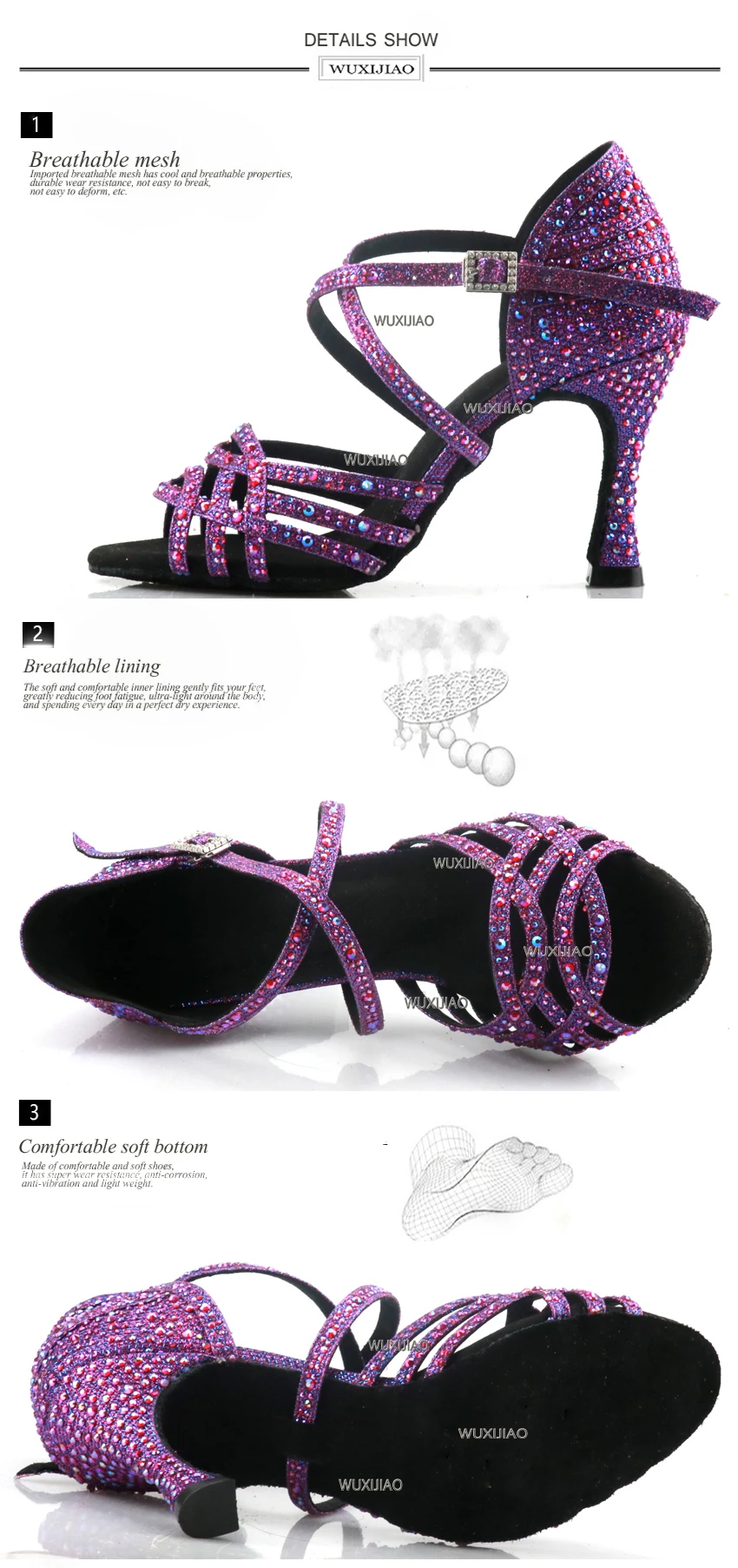 Wuxi Women's Purple Latin Dance Shoes New Dance Shoes Unique Design Salsa Shoes Diamond Sandals