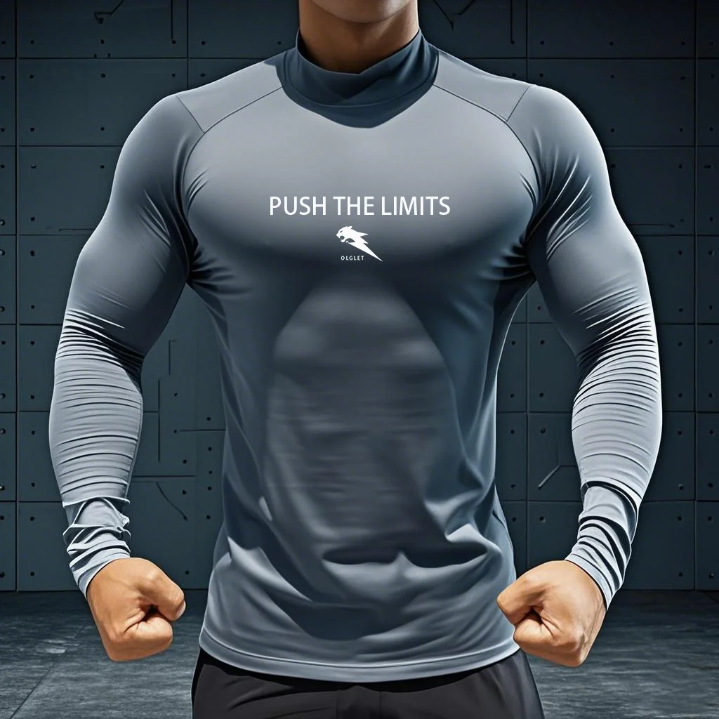 Autumn New Sports Shirt Men High Neck Compression Shirt Long Sleeved Training Top High Stretch Undershirt