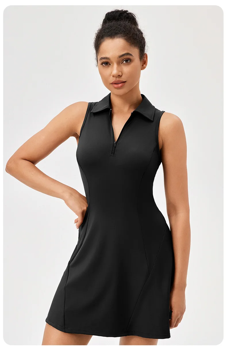 Lapel one-piece tennis dress for women quick-drying breathable waist-cinching and color-blocking sports casual and fitness dress