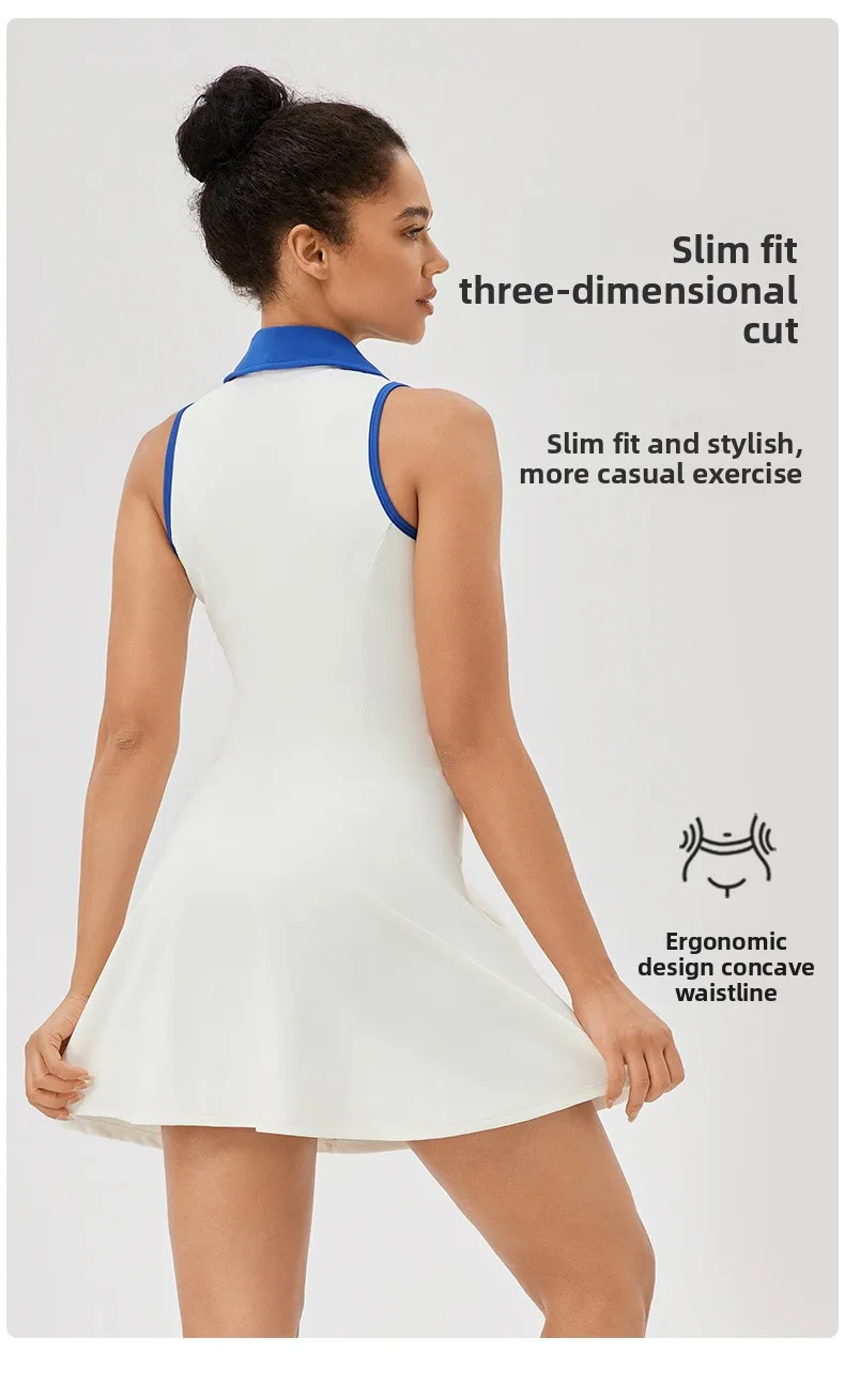 Lapel one-piece tennis dress for women quick-drying breathable waist-cinching and color-blocking sports casual and fitness dress