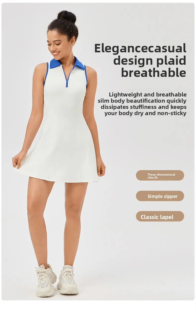 Lapel one-piece tennis dress for women quick-drying breathable waist-cinching and color-blocking sports casual and fitness dress