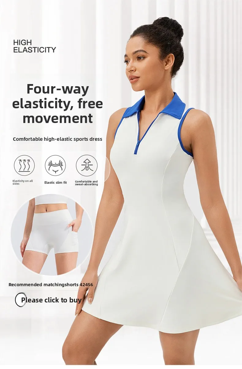 Lapel one-piece tennis dress for women quick-drying breathable waist-cinching and color-blocking sports casual and fitness dress