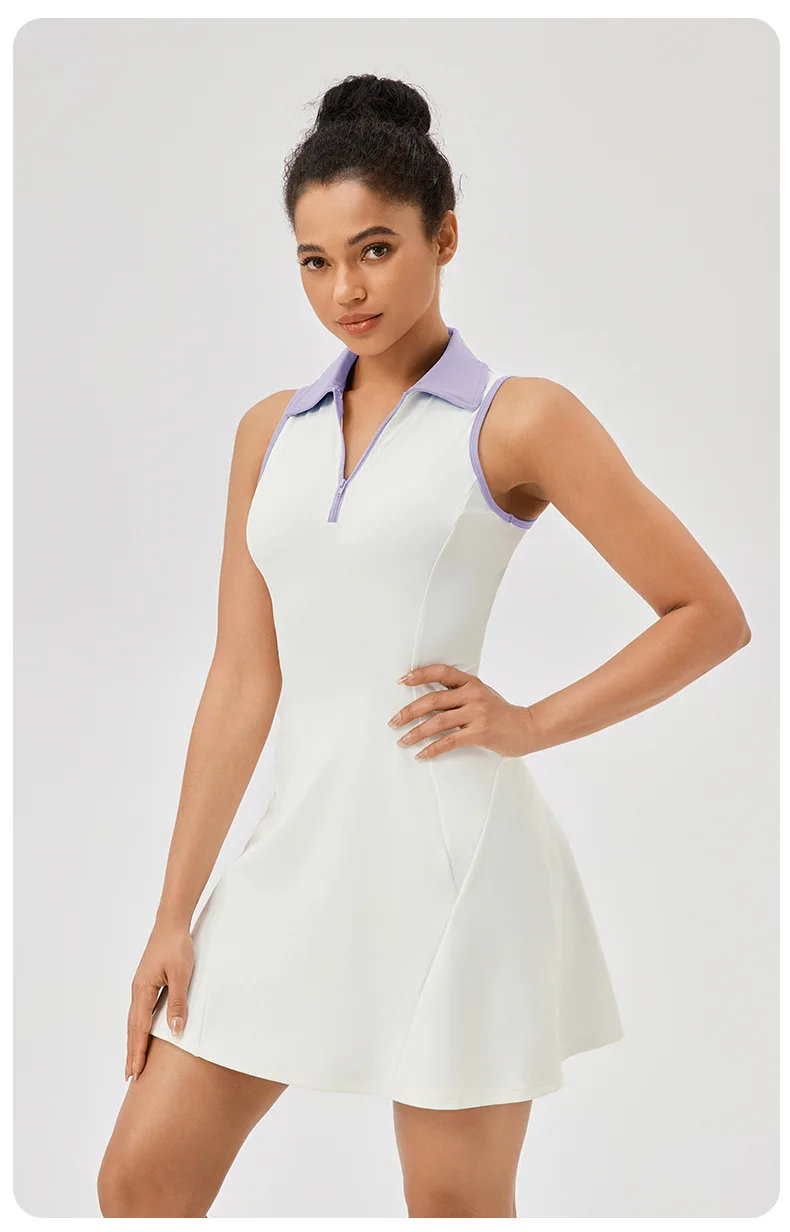 Lapel one-piece tennis dress for women quick-drying breathable waist-cinching and color-blocking sports casual and fitness dress