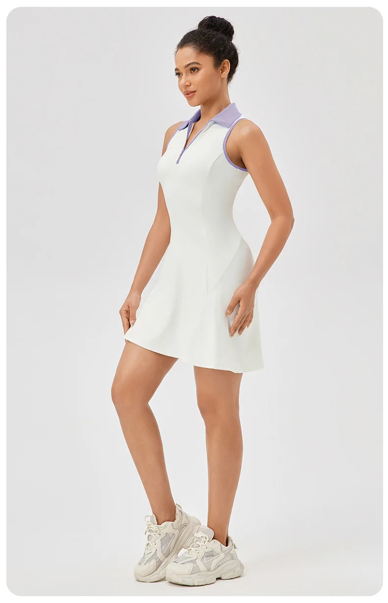 Lapel one-piece tennis dress for women quick-drying breathable waist-cinching and color-blocking sports casual and fitness dress