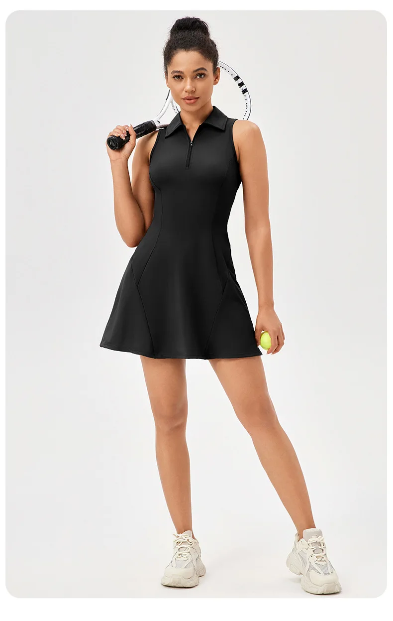 Lapel one-piece tennis dress for women quick-drying breathable waist-cinching and color-blocking sports casual and fitness dress