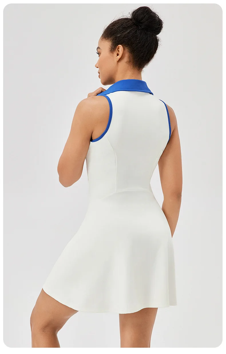 Lapel one-piece tennis dress for women quick-drying breathable waist-cinching and color-blocking sports casual and fitness dress