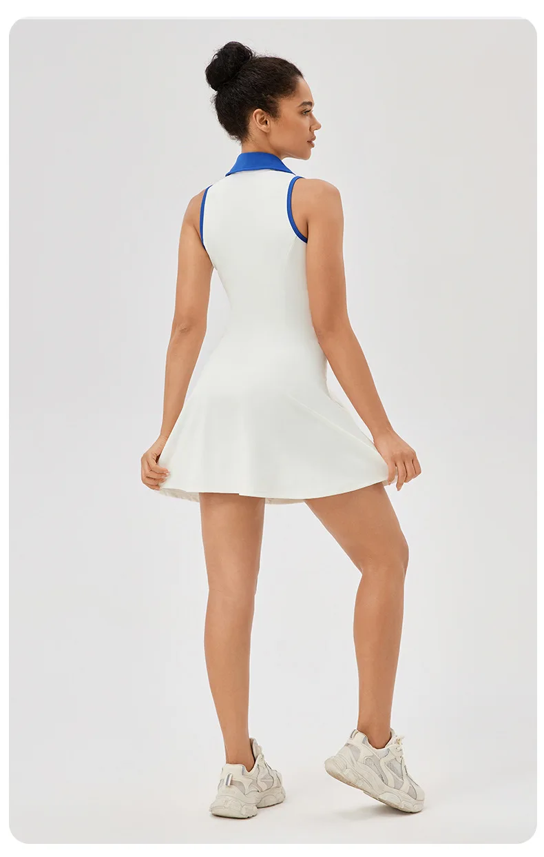 Lapel one-piece tennis dress for women quick-drying breathable waist-cinching and color-blocking sports casual and fitness dress