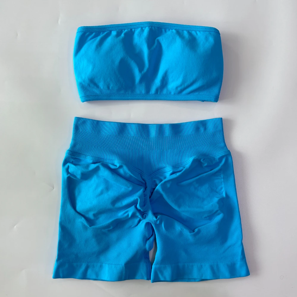 Pericic 2 Pieces Yoga Set Women Backless Bandeau Sports Bra Scrunch Shorts Yoga Clothing Workout Clothes Outfits Sets Gym Set