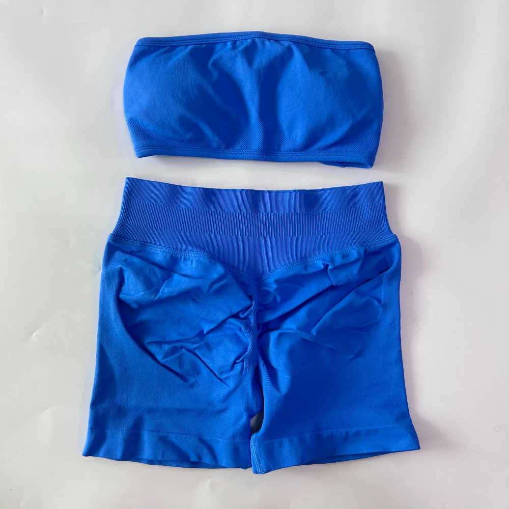 Pericic 2 Pieces Yoga Set Women Backless Bandeau Sports Bra Scrunch Shorts Yoga Clothing Workout Clothes Outfits Sets Gym Set