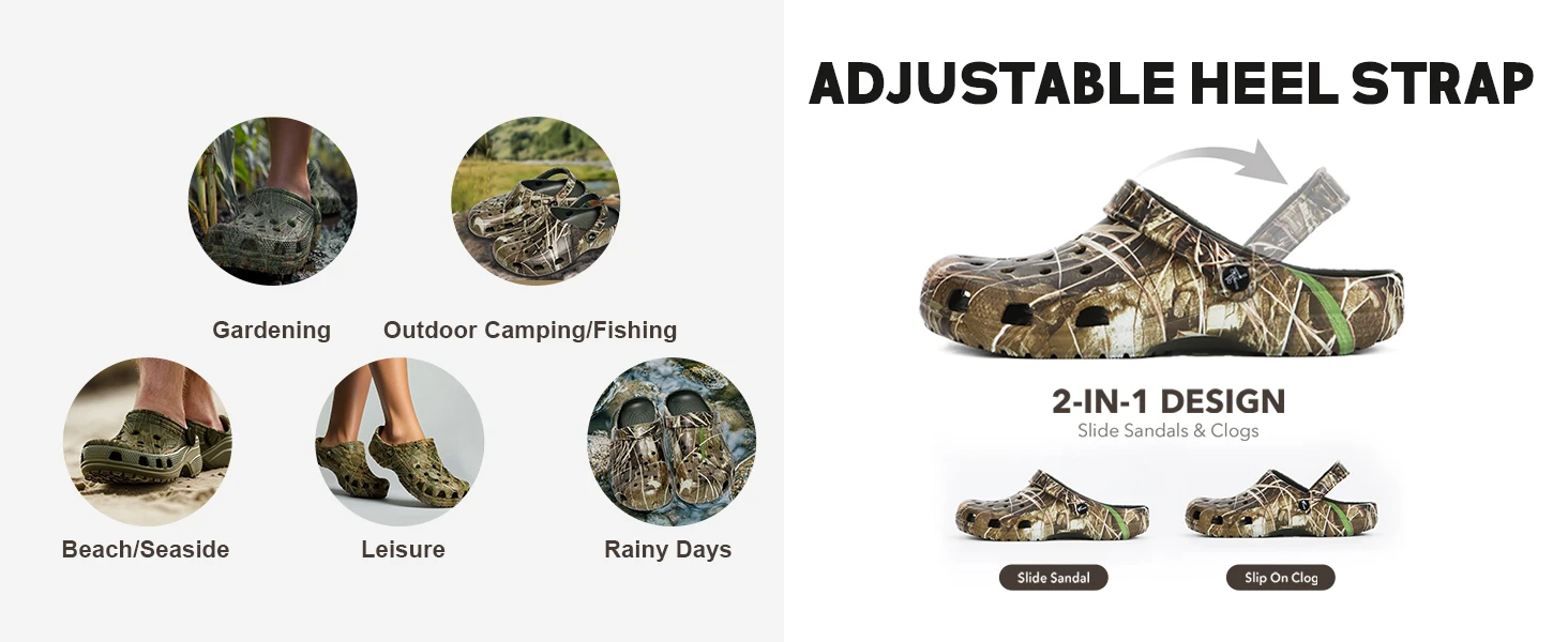 8Fans Camo Clogs for Men,Outdoor Garden Slip On Sandals Summer Water Beach Shoes Lightweight Breathable Non Slip Casual Slippers