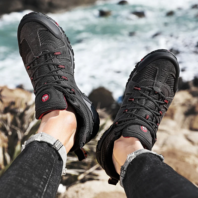 HIKEUP Men's Hiking Shoes Suede Leather Outdoor Shoes Wear-resistant Men Trekking Walking Hunting Tactical Sneakers