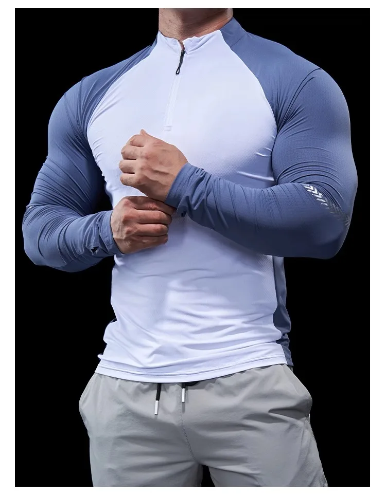 Men Autumn Winter Tights Fitness Clothes POLO Shirts Half-zip Running Clothes Long-sleeved Quick-drying Stretchy Sports Thin