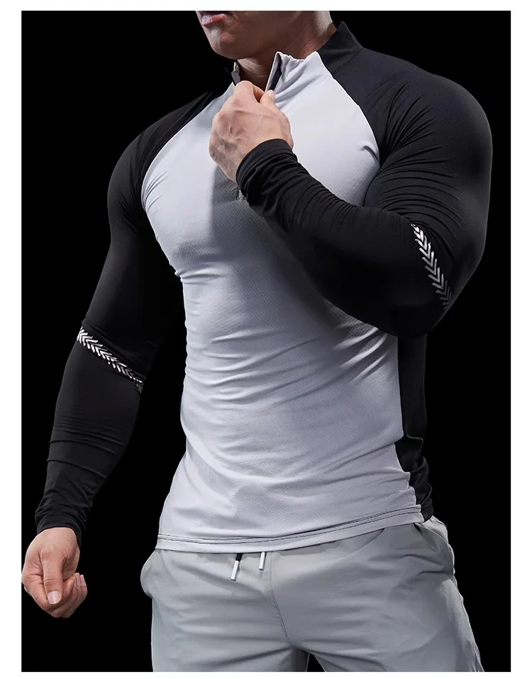 Men Autumn Winter Tights Fitness Clothes POLO Shirts Half-zip Running Clothes Long-sleeved Quick-drying Stretchy Sports Thin
