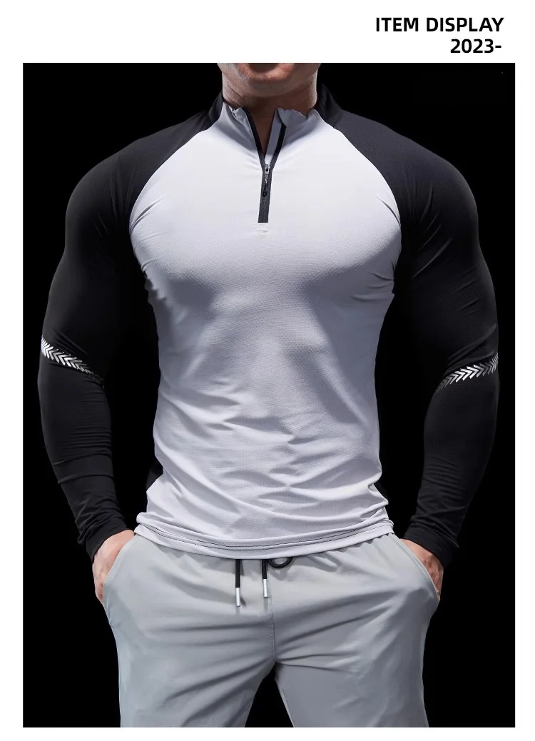 Men Autumn Winter Tights Fitness Clothes POLO Shirts Half-zip Running Clothes Long-sleeved Quick-drying Stretchy Sports Thin