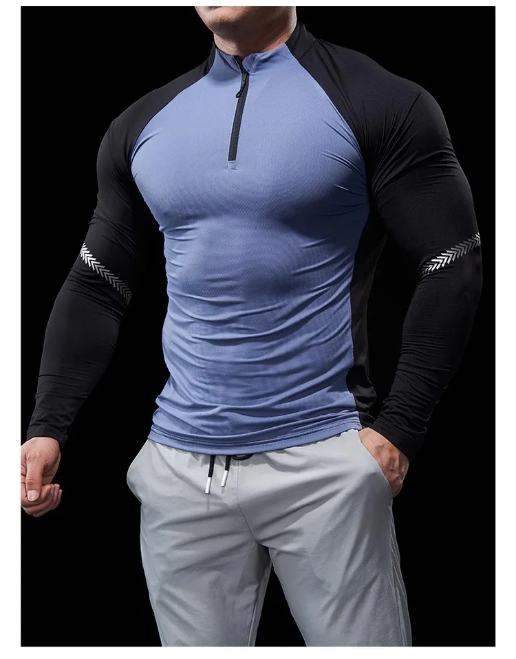 Men Autumn Winter Tights Fitness Clothes POLO Shirts Half-zip Running Clothes Long-sleeved Quick-drying Stretchy Sports Thin