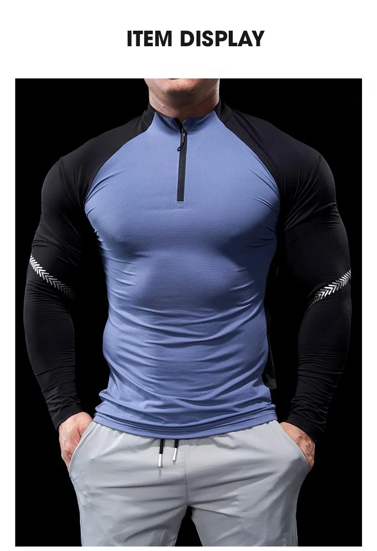Men Autumn Winter Tights Fitness Clothes POLO Shirts Half-zip Running Clothes Long-sleeved Quick-drying Stretchy Sports Thin