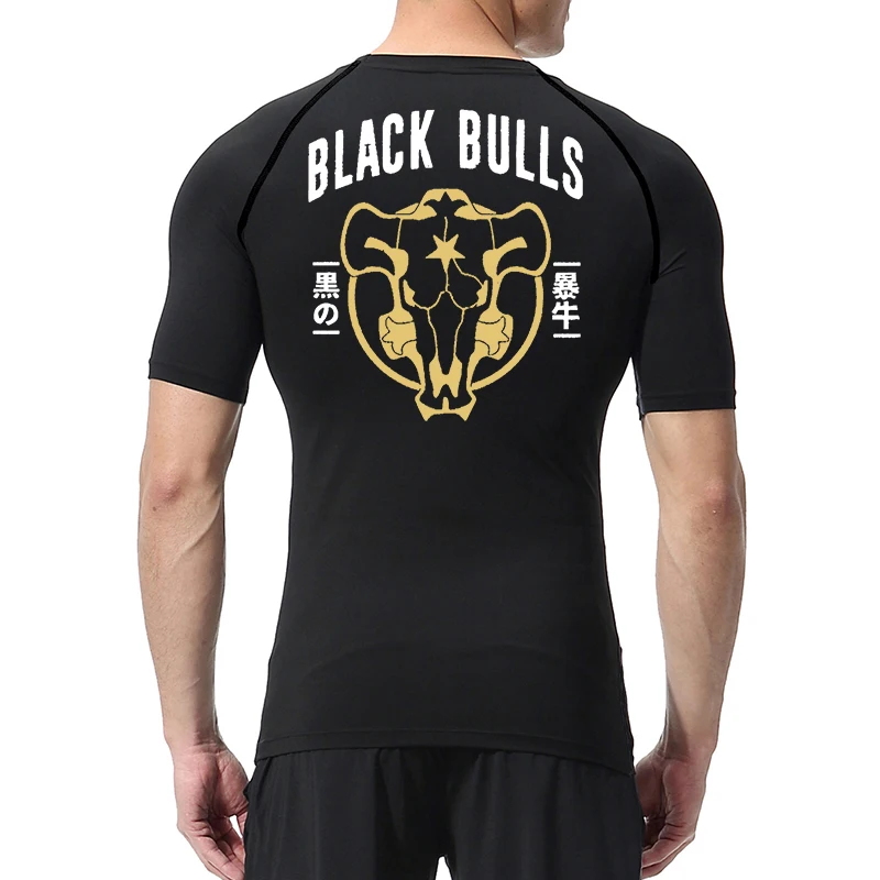 Black Bull Print Compression Shirts for Men Athletic Quick Dry Baselayers Undershirt Gym Workout Running Rash Guard Tshirt Tops