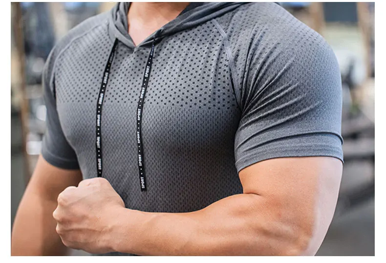 Men Running Hoodies Bodybuilding Sport Hooded Short Sleeve Gyms Fitness Clothing Muscle Shirt Quick Drying Training T-Shirt