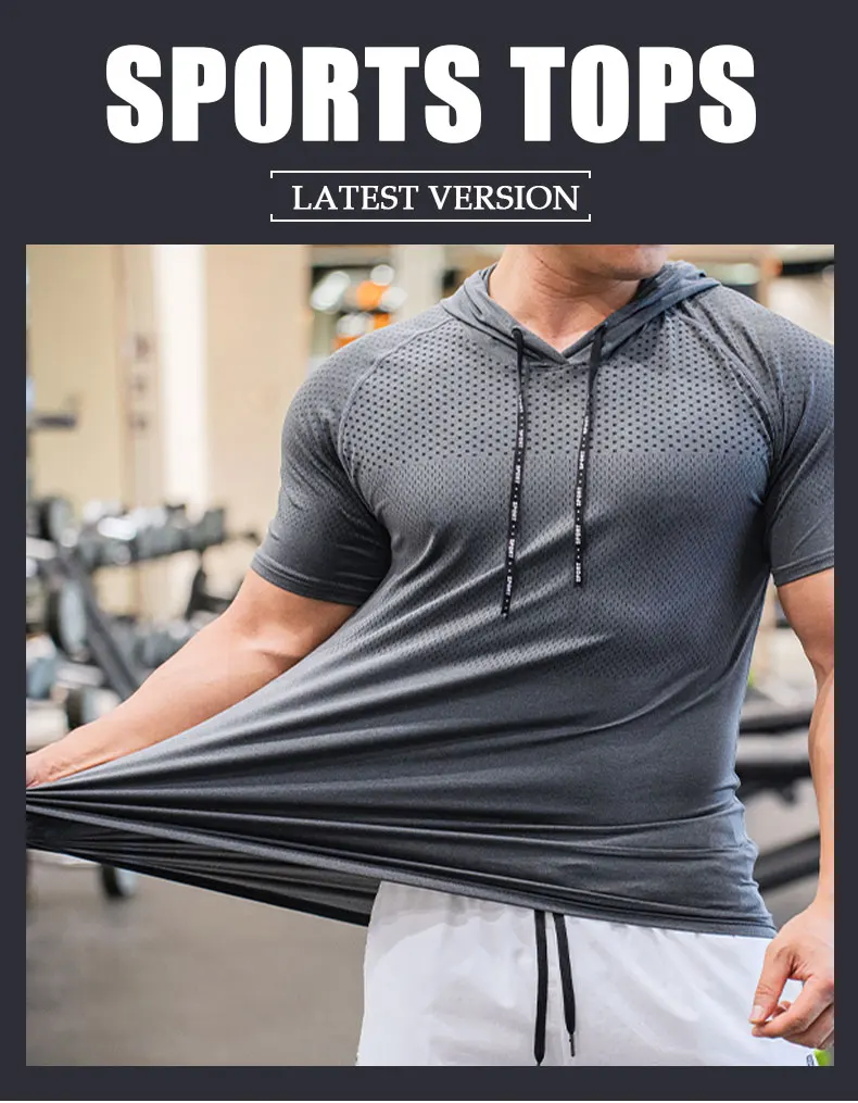 Men Running Hoodies Bodybuilding Sport Hooded Short Sleeve Gyms Fitness Clothing Muscle Shirt Quick Drying Training T-Shirt