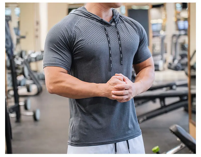 Men Running Hoodies Bodybuilding Sport Hooded Short Sleeve Gyms Fitness Clothing Muscle Shirt Quick Drying Training T-Shirt
