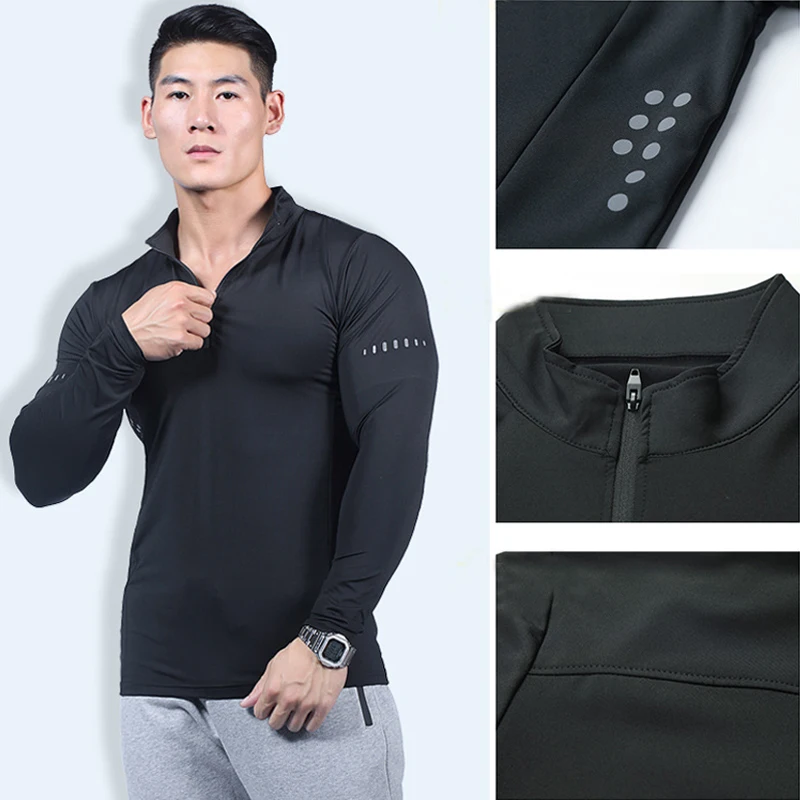Men Slim Fit Track Top Men's Half Zipper Stand Collar Sports T-shirt with Long Sleeves for Running Fitness Training Breathable