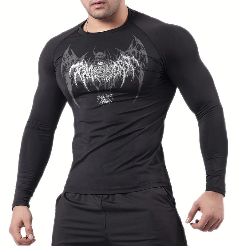 Skull Wings Print Long Sleeve Compression Shirts for Men Gym Workout Running Baselayer Undershirts Spring Fall Athletic Tops