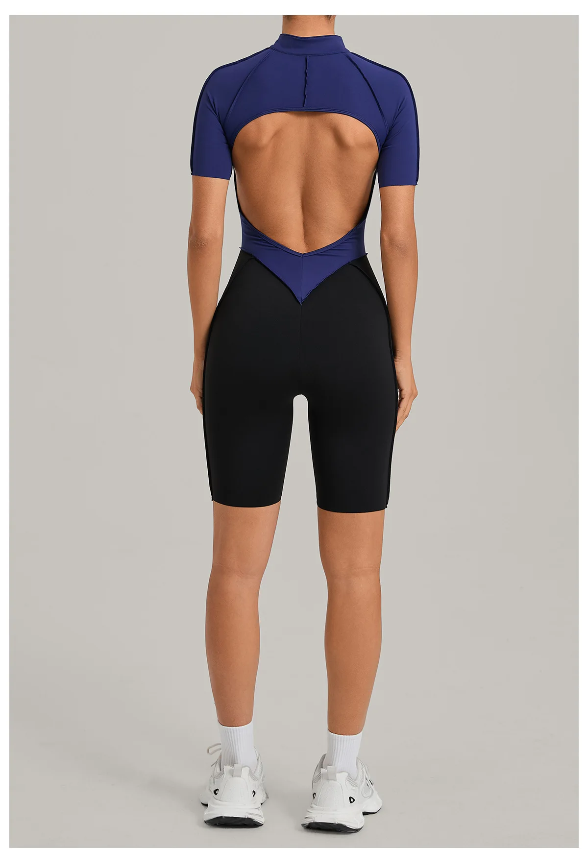 Women's Gym Workout Clothes Jumpsuits Color Block Yoga Bodysuit with Zipper Open Back Butt-lifting Outdoor Fitness Activewear