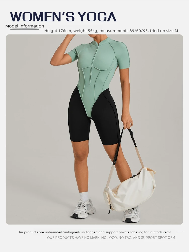 Women's Gym Workout Clothes Jumpsuits Color Block Yoga Bodysuit with Zipper Open Back Butt-lifting Outdoor Fitness Activewear