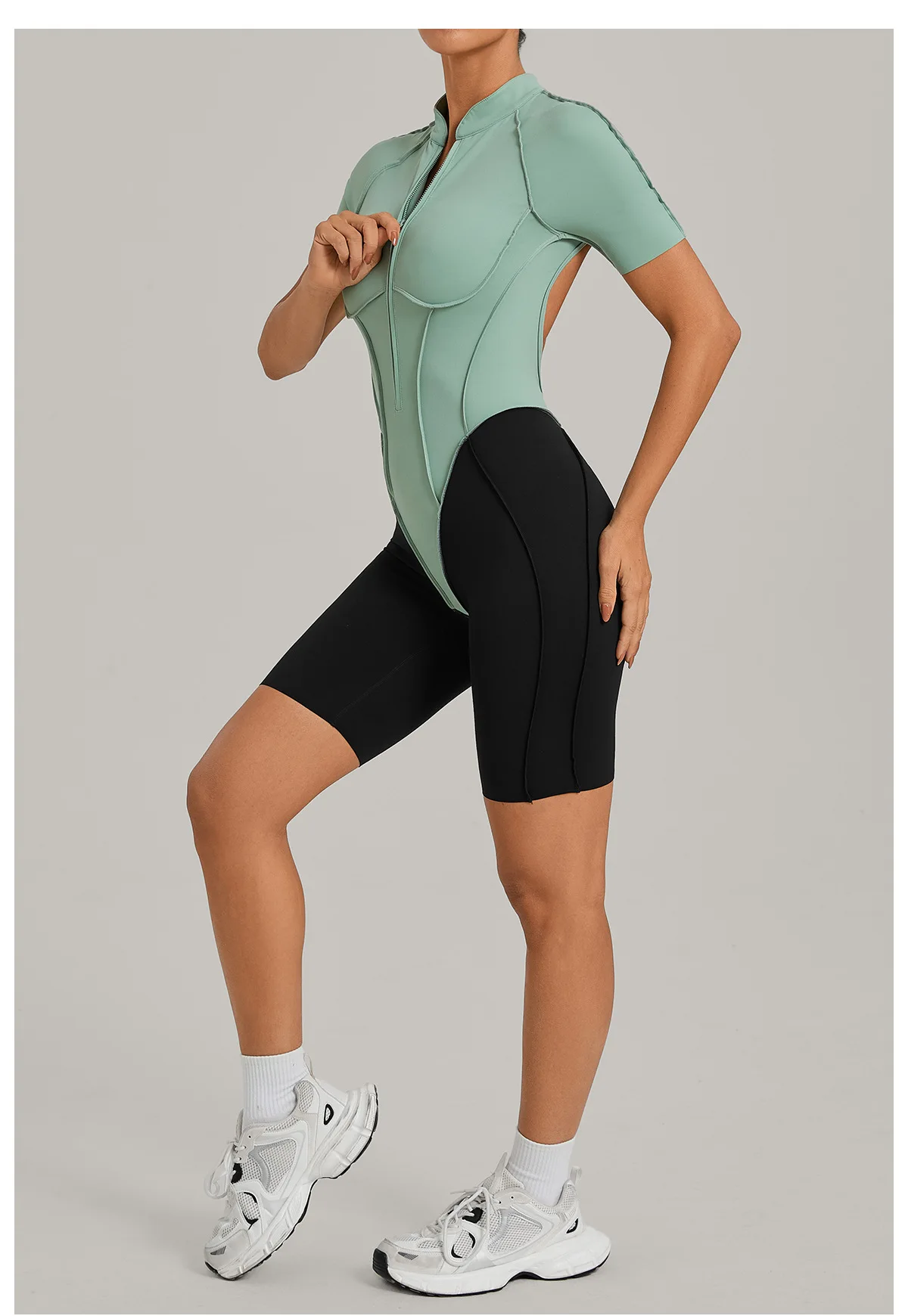 Women's Gym Workout Clothes Jumpsuits Color Block Yoga Bodysuit with Zipper Open Back Butt-lifting Outdoor Fitness Activewear