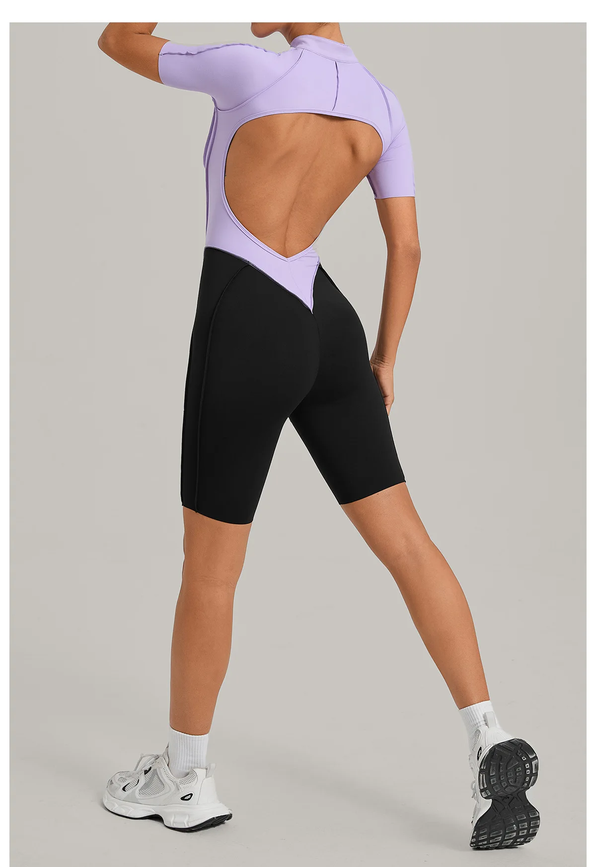 Women's Gym Workout Clothes Jumpsuits Color Block Yoga Bodysuit with Zipper Open Back Butt-lifting Outdoor Fitness Activewear