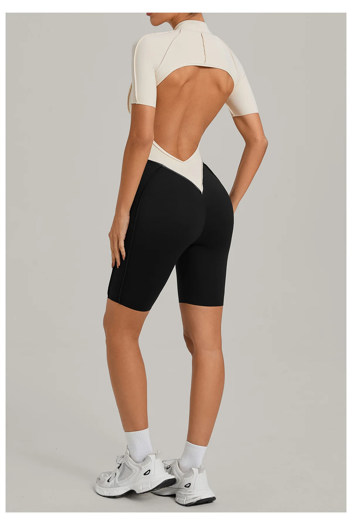 Women's Gym Workout Clothes Jumpsuits Color Block Yoga Bodysuit with Zipper Open Back Butt-lifting Outdoor Fitness Activewear