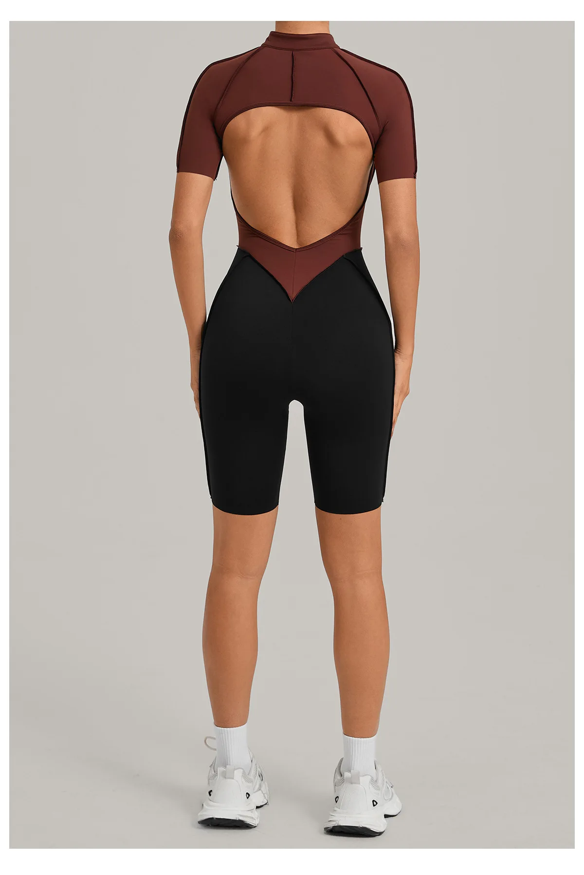 Women's Gym Workout Clothes Jumpsuits Color Block Yoga Bodysuit with Zipper Open Back Butt-lifting Outdoor Fitness Activewear